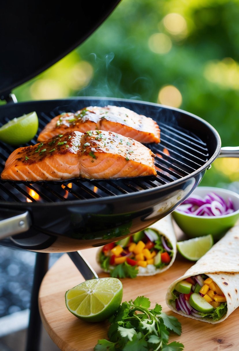 A sizzling salmon fillet, marinated in chili lime, grilling on a barbecue. Nearby, a variety of fresh ingredients for a burrito wrap await