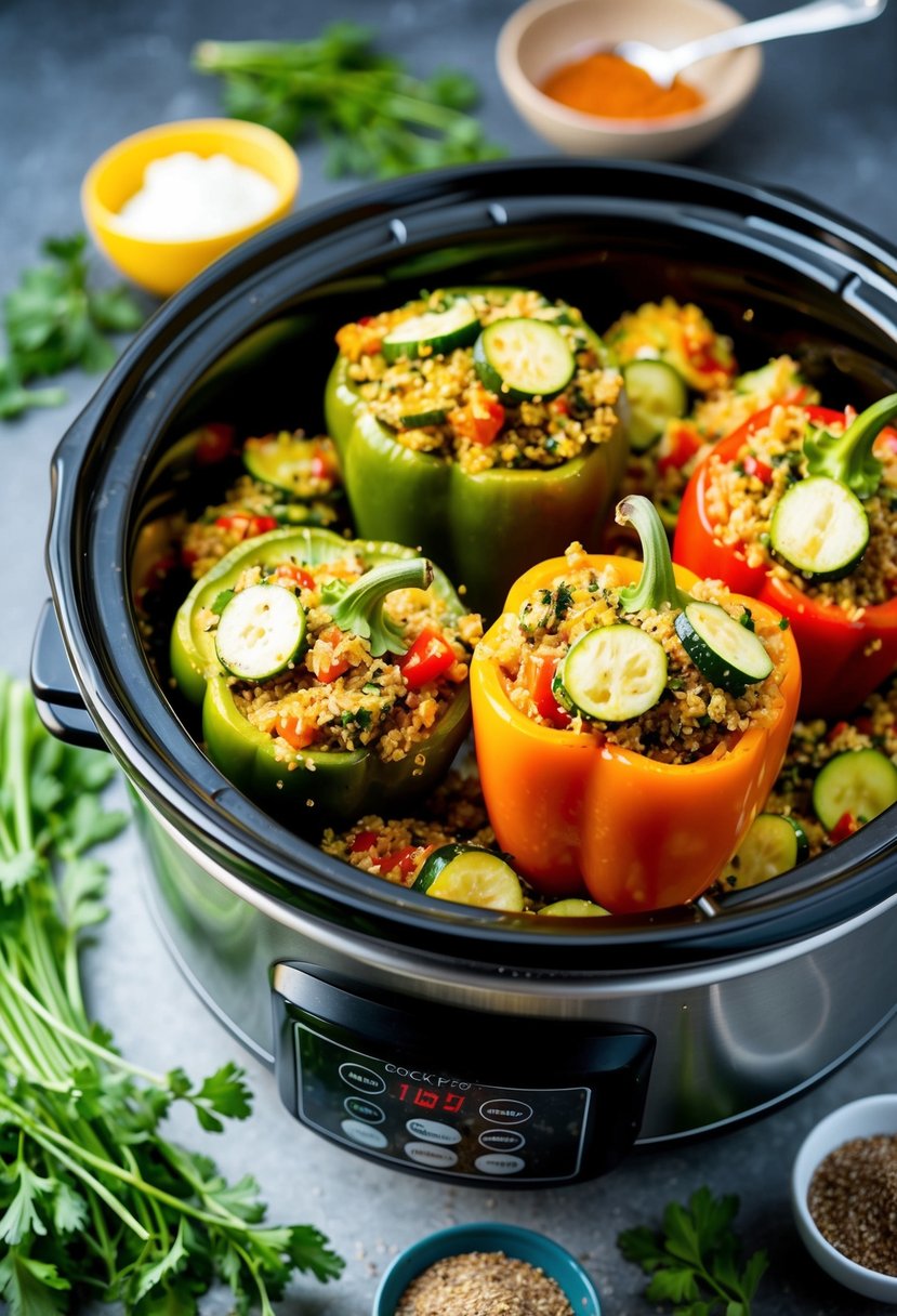 A crockpot filled with colorful stuffed peppers, overflowing with a mixture of zucchini and quinoa, surrounded by fresh herbs and spices