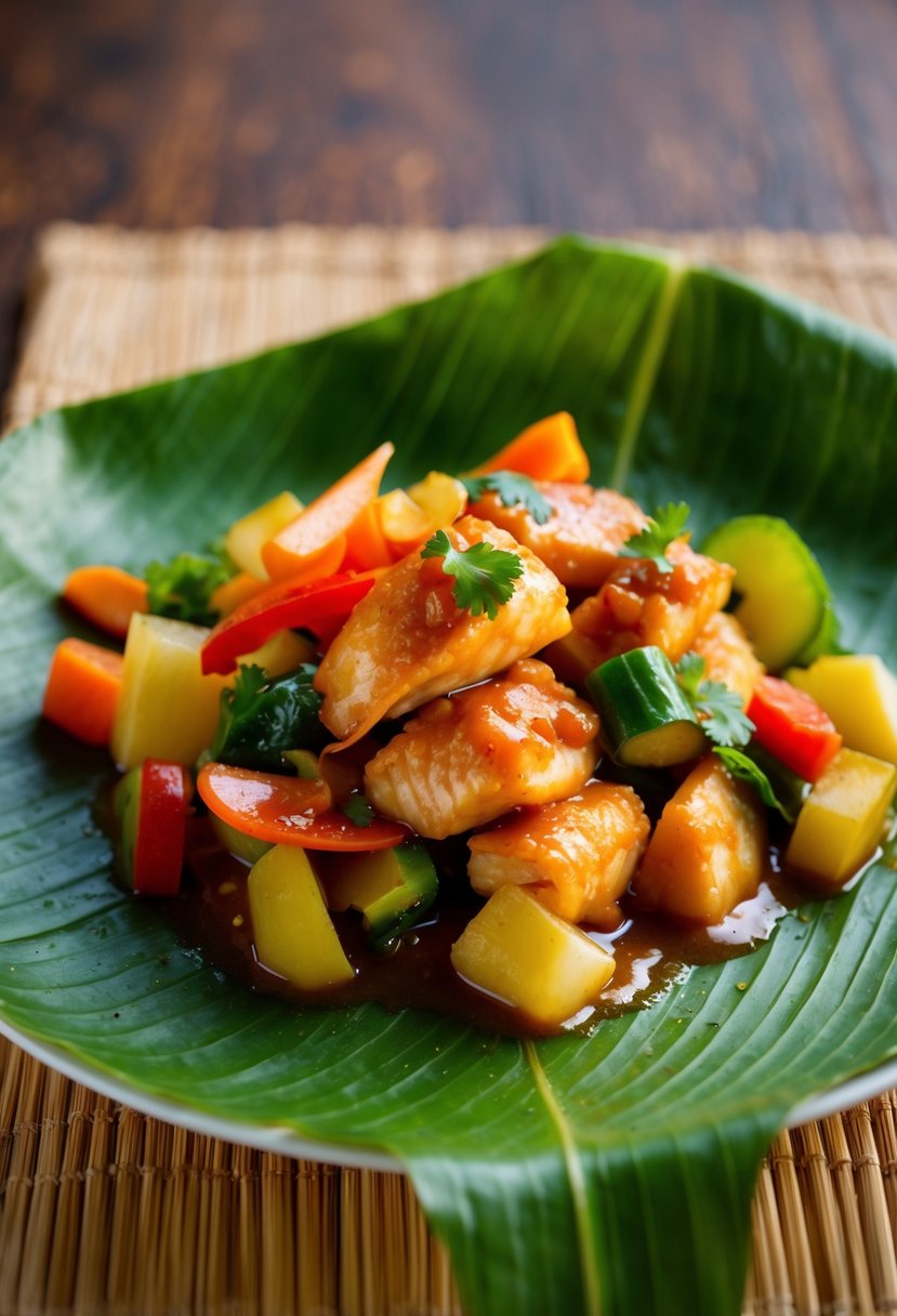 A colorful plate of Filipino sweet and sour fish escabeche with assorted vegetables and a tangy sauce, served on a traditional banana leaf