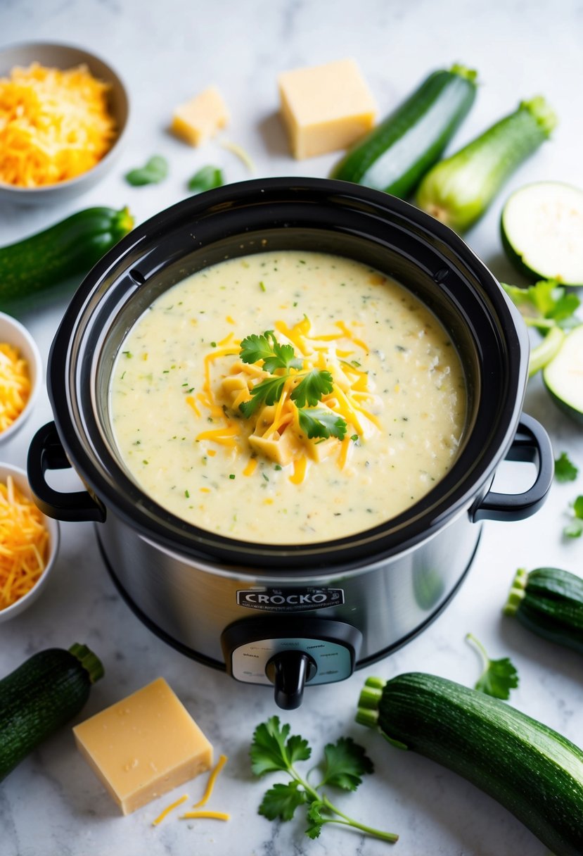 A crockpot filled with creamy zucchini and cheese soup, surrounded by fresh zucchinis, cheese, and other ingredients