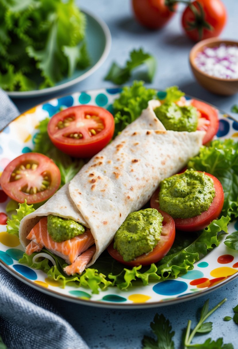 A colorful plate with a pesto tomato salmon wrap, surrounded by fresh ingredients like lettuce, tomatoes, and herbs