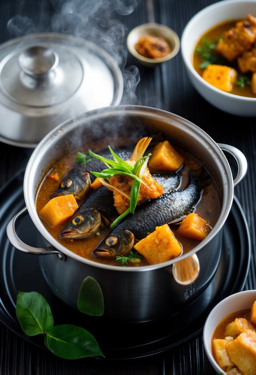 A steaming pot of Malaysian Ikan Masak Asam Pedas simmers with aromatic spices and chunks of sweet and sour fish