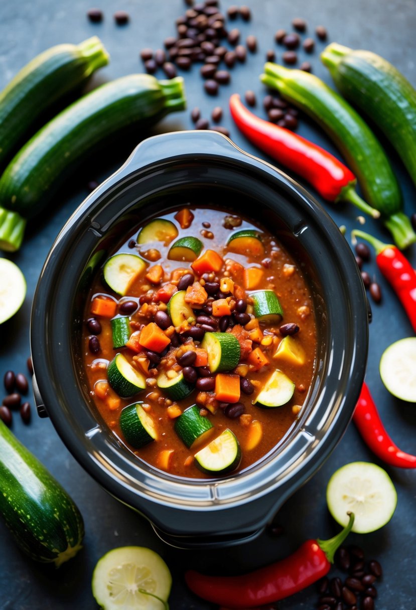 A crockpot filled with simmering spicy zucchini and black bean chili, surrounded by fresh zucchinis, black beans, and chili peppers