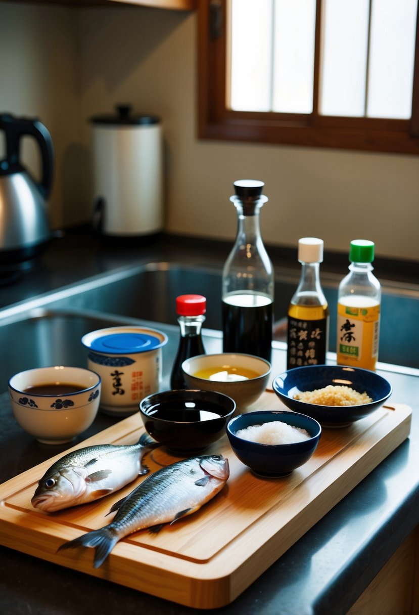 A traditional Japanese kitchen with ingredients like fish, soy sauce, vinegar, and sugar laid out on a wooden cutting board