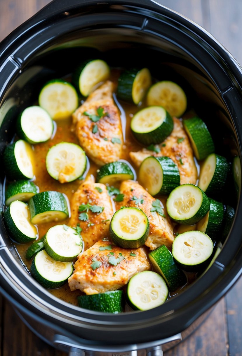 A crockpot filled with sliced zucchini, chicken, and a garlic parmesan sauce simmering together