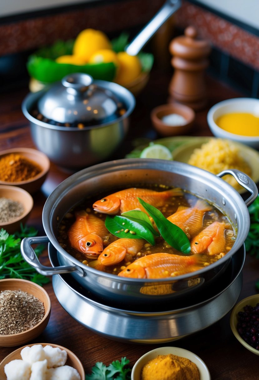 A traditional Indonesian kitchen with a bubbling pot of sweet and sour Gurami Asam Manis fish, surrounded by fresh ingredients and spices