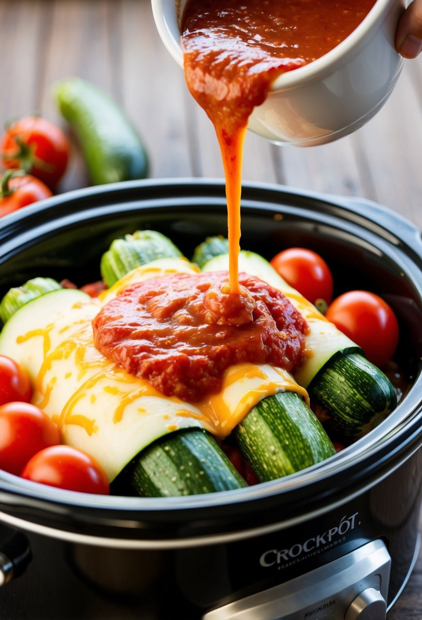 Fresh zucchinis, tomatoes, and cheese layered in a crockpot, with enchilada sauce poured over the top