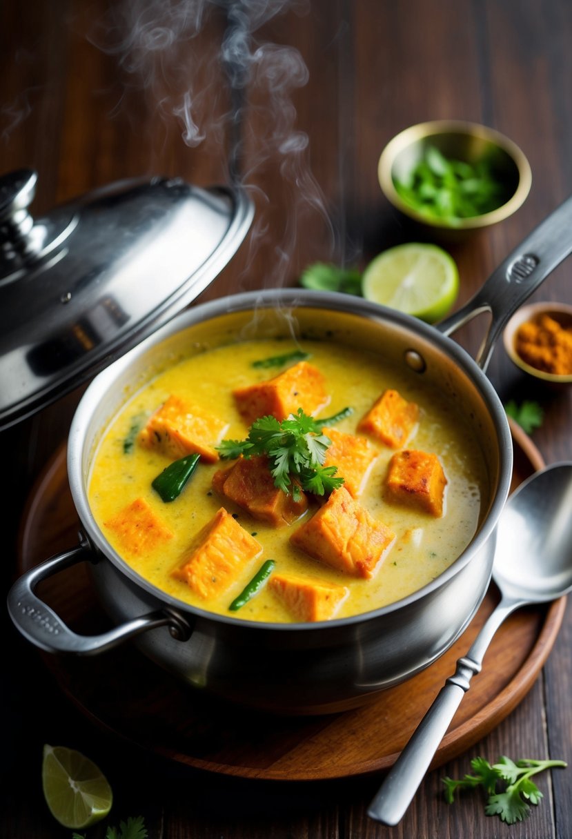 A steaming pot of Indian Meen Moilee with aromatic spices and chunks of sweet and sour fish simmering in a creamy coconut milk sauce