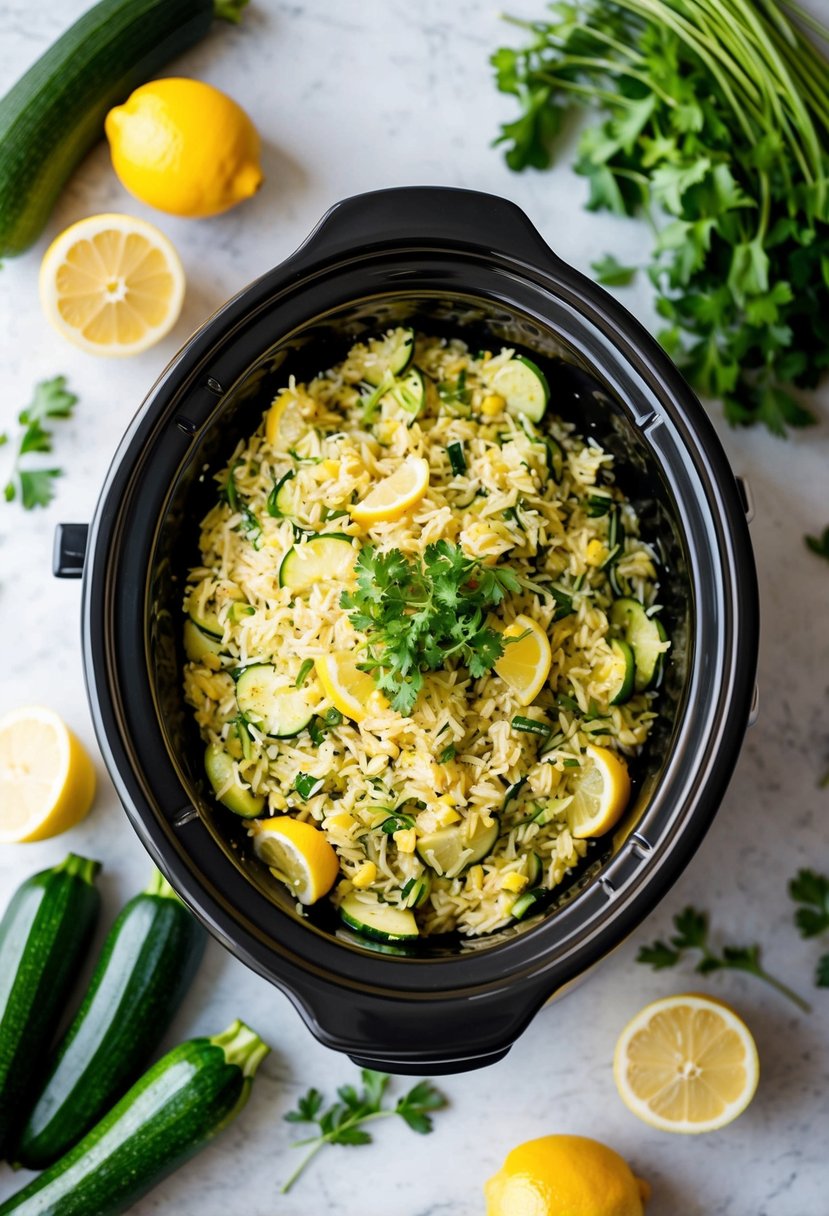 A crockpot filled with lemon herb zucchini and rice pilaf cooking, surrounded by fresh zucchini, lemons, and herbs