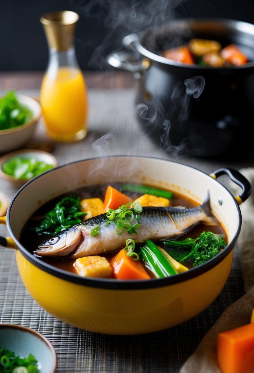 A steaming pot of Korean braised sweet and sour mackerel with colorful vegetables and a tantalizing aroma