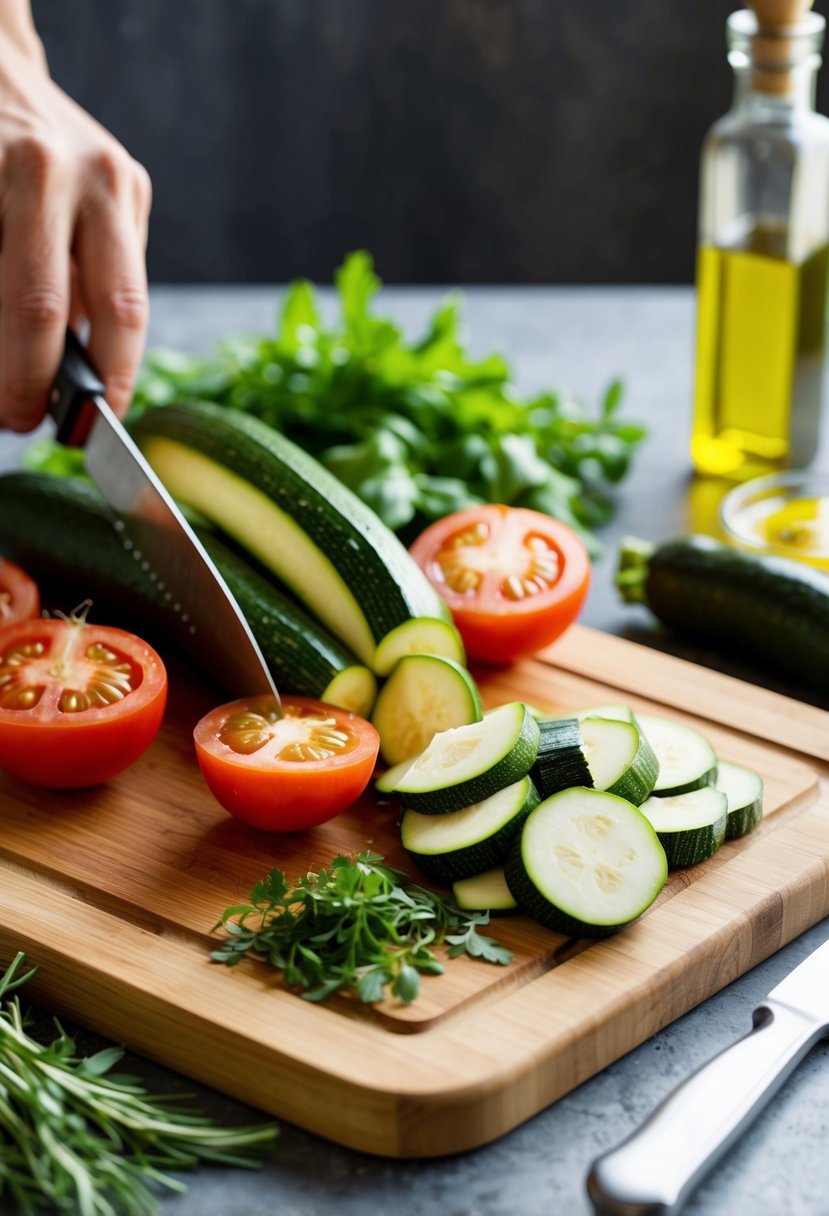 Fresh zucchini and tomatoes being sliced and diced on a wooden cutting board, with herbs and olive oil nearby