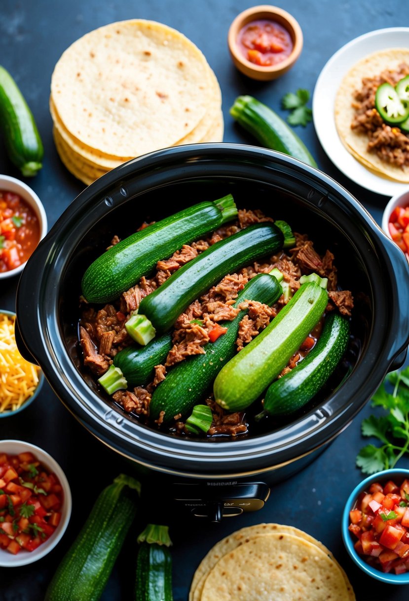 Fresh zucchinis and seasoned beef cooking in a crockpot, surrounded by taco ingredients like tortillas, cheese, and salsa