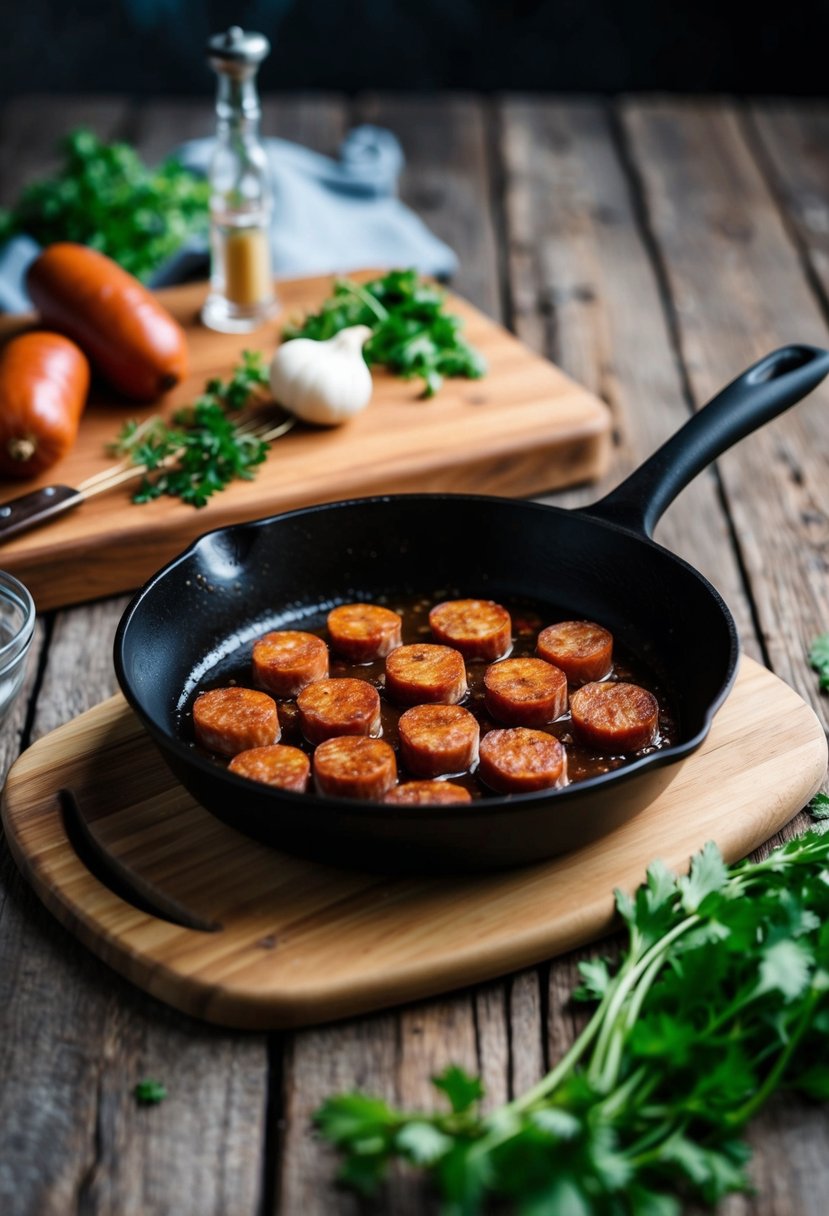 A rustic kitchen scene with a wooden cutting board, fresh ingredients, and a skillet sizzling with sliced chorizo