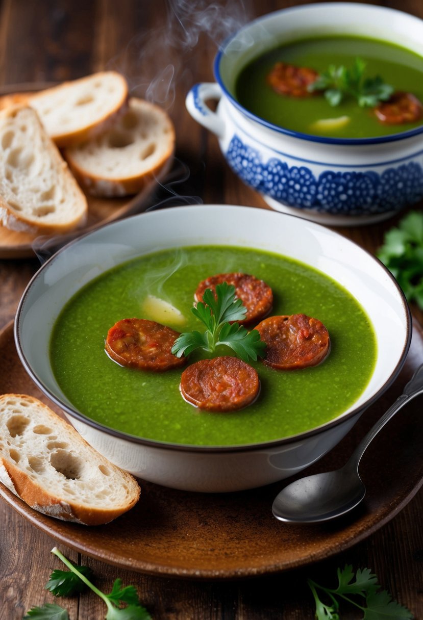 A steaming bowl of Caldo Verde with slices of spicy Portuguese chorizo, surrounded by rustic bread and a traditional ceramic soup tureen