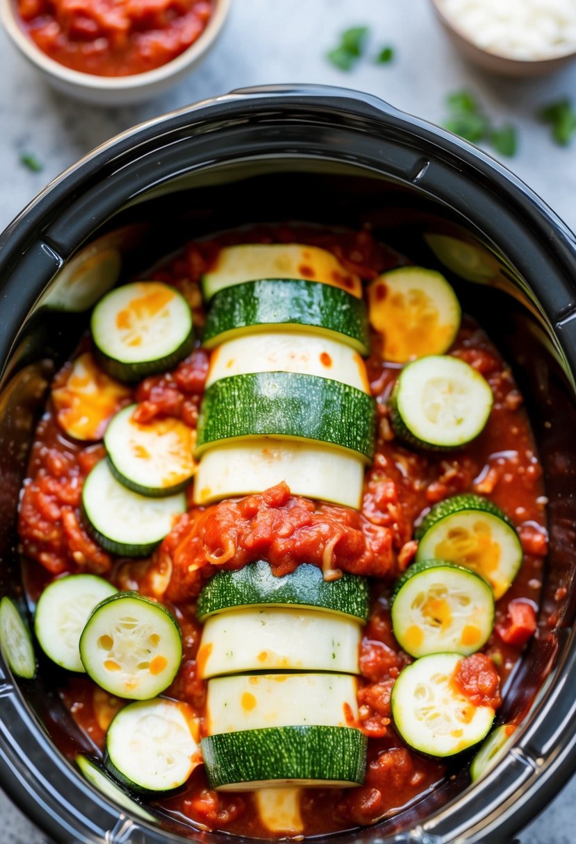 Layers of sliced zucchini, marinara sauce, and melted cheese in a crockpot