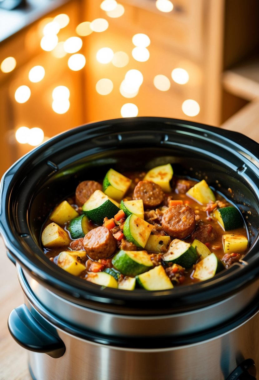 A bubbling crockpot filled with chunks of zucchini, sausage, and savory Italian spices, surrounded by the warm glow of a kitchen