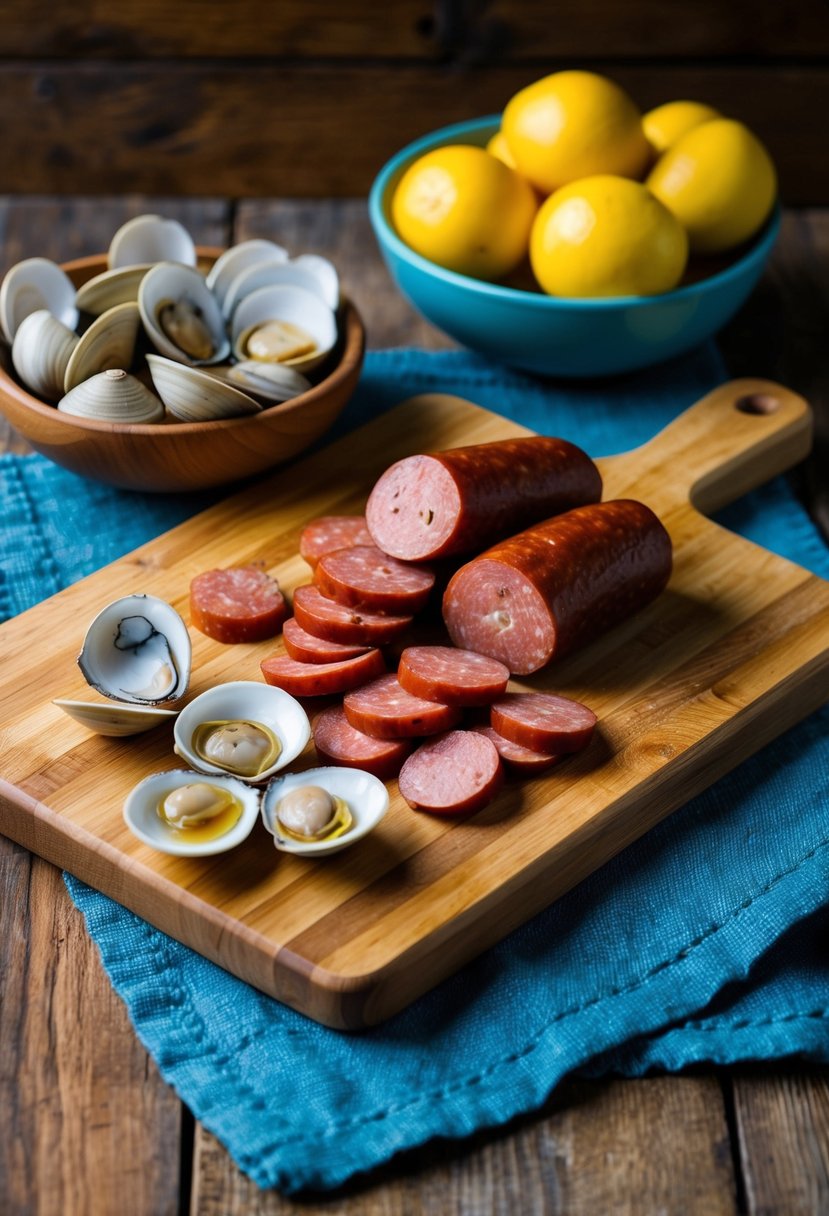 A rustic kitchen scene with a wooden cutting board piled high with slices of Portuguese chorizo and a bowl of fresh clams