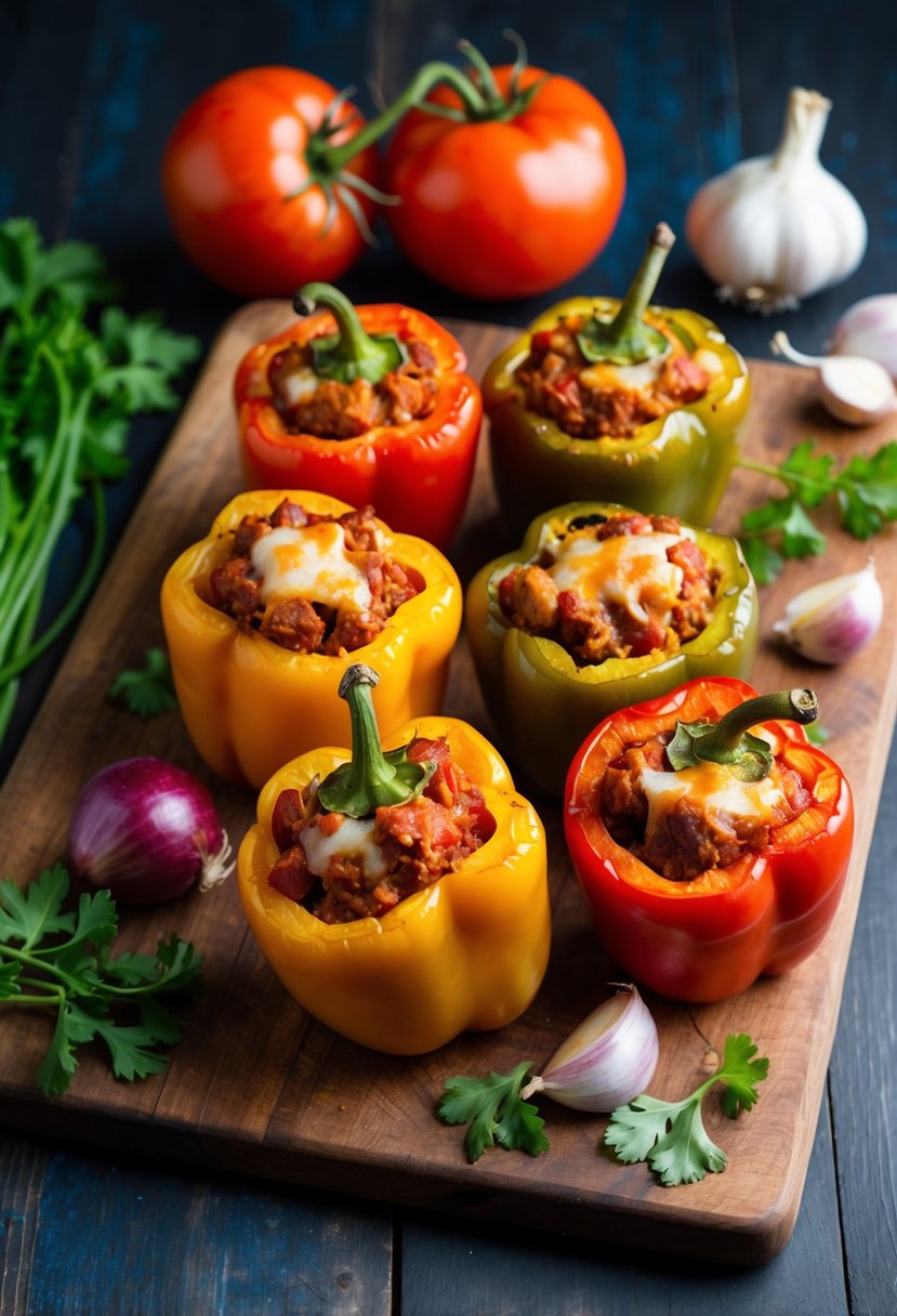 A colorful array of chorizo stuffed peppers, surrounded by ingredients like tomatoes, onions, and garlic, on a rustic wooden cutting board