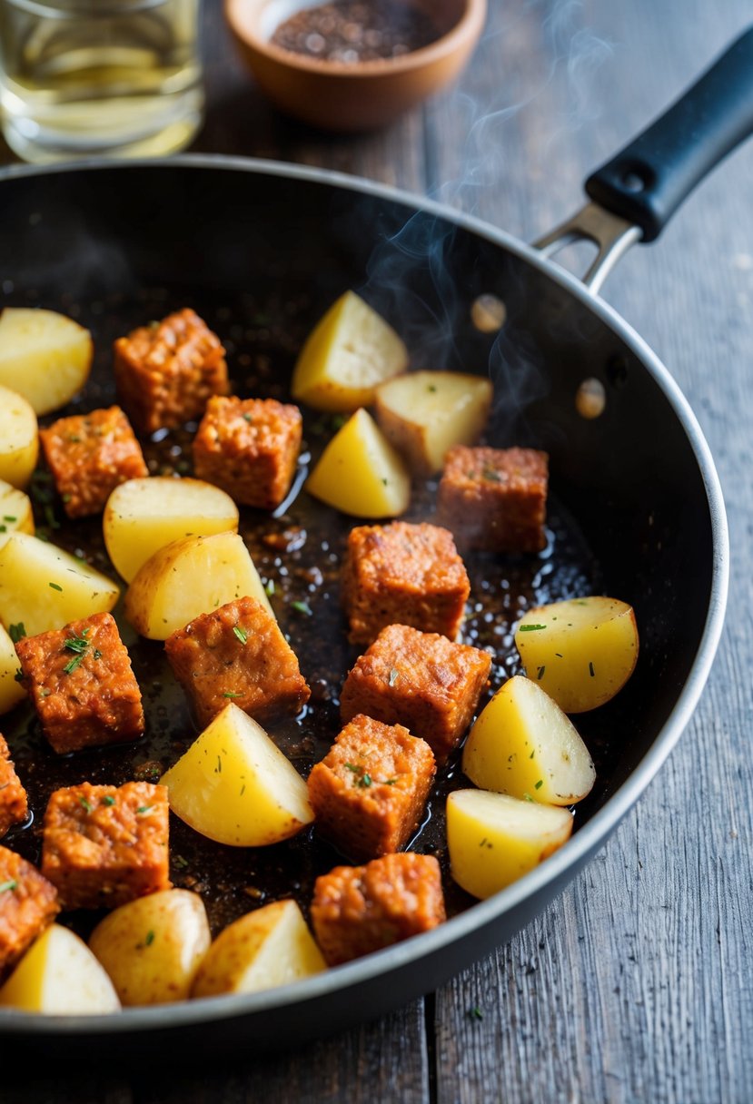 Sizzling skillet with chunks of chorizo and potatoes cooking together, emitting a savory aroma