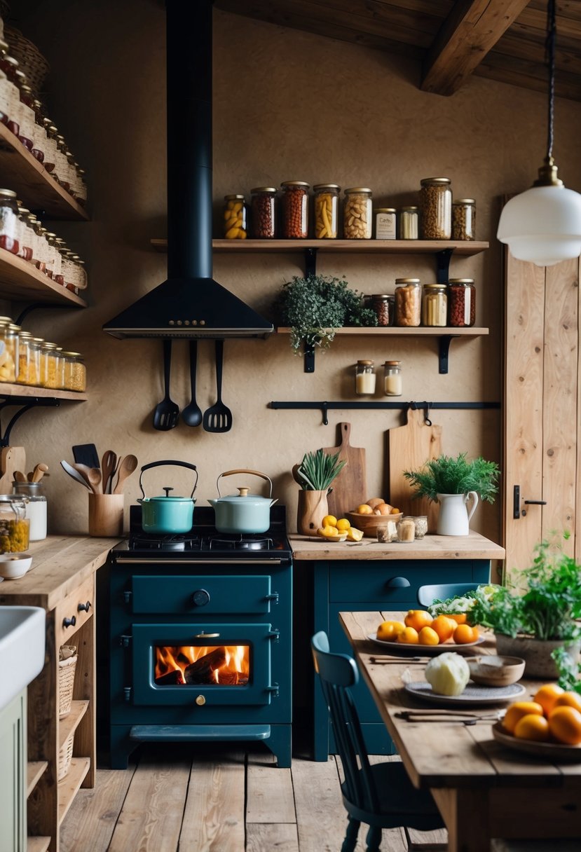 A rustic kitchen with shelves of preserved goods, a wood-burning stove, and a table set with fresh ingredients for homemade homestead recipes