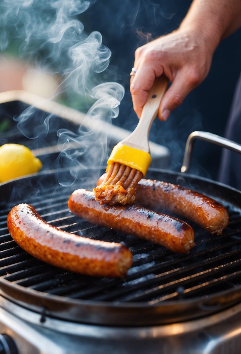 A sizzling chorizo sausage cooks on a hot grill, emitting aromatic smoke while being brushed with a tangy lemon glaze