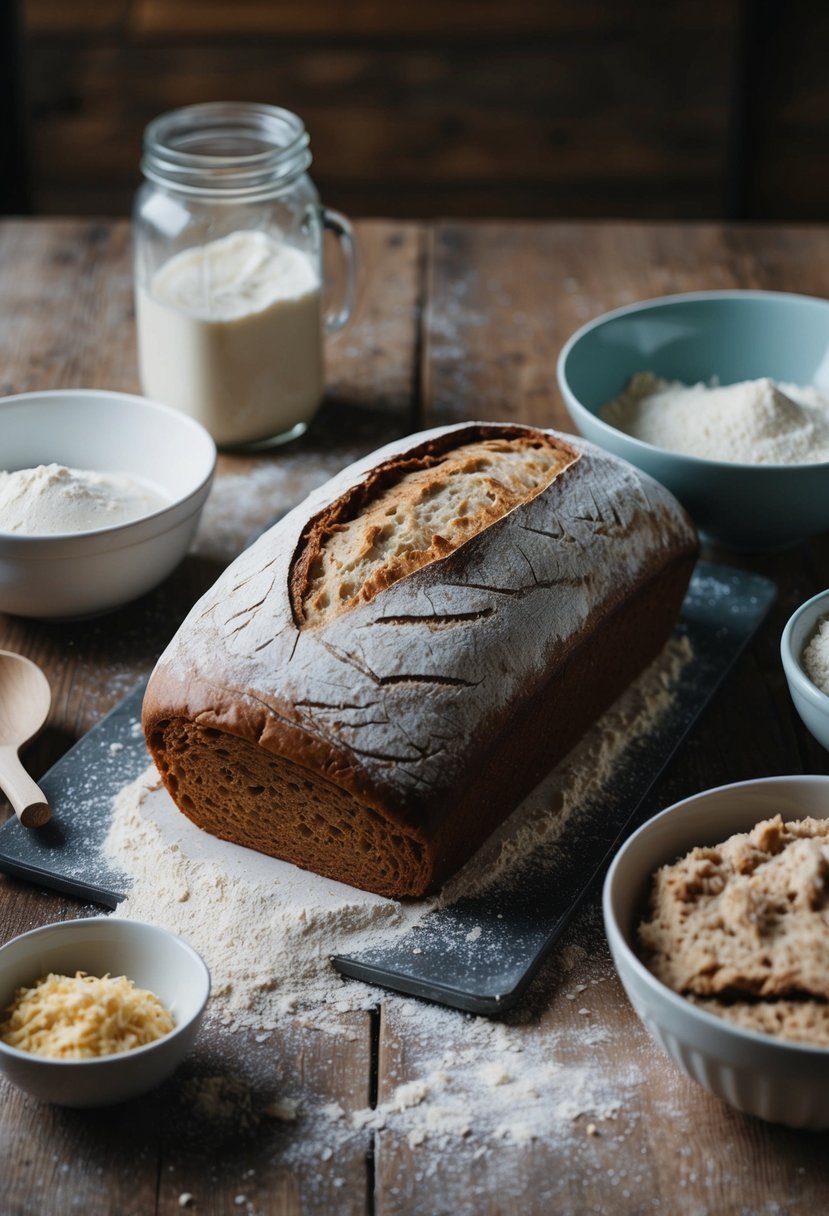 A rustic kitchen table with a freshly baked sourdough bread loaf, surrounded by flour, a mixing bowl, and a jar of sourdough starter