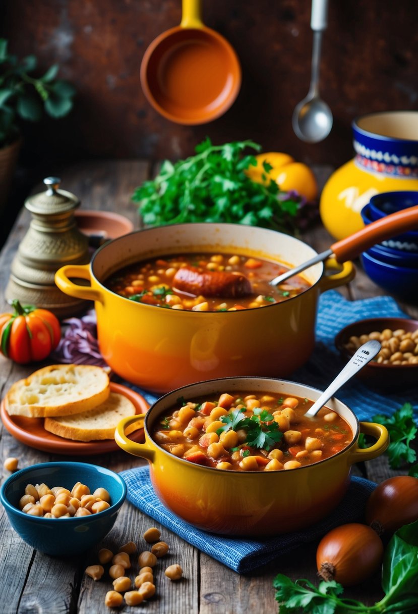 A rustic kitchen with a bubbling pot of chorizo and chickpea stew, surrounded by colorful ingredients and traditional Portuguese cookware