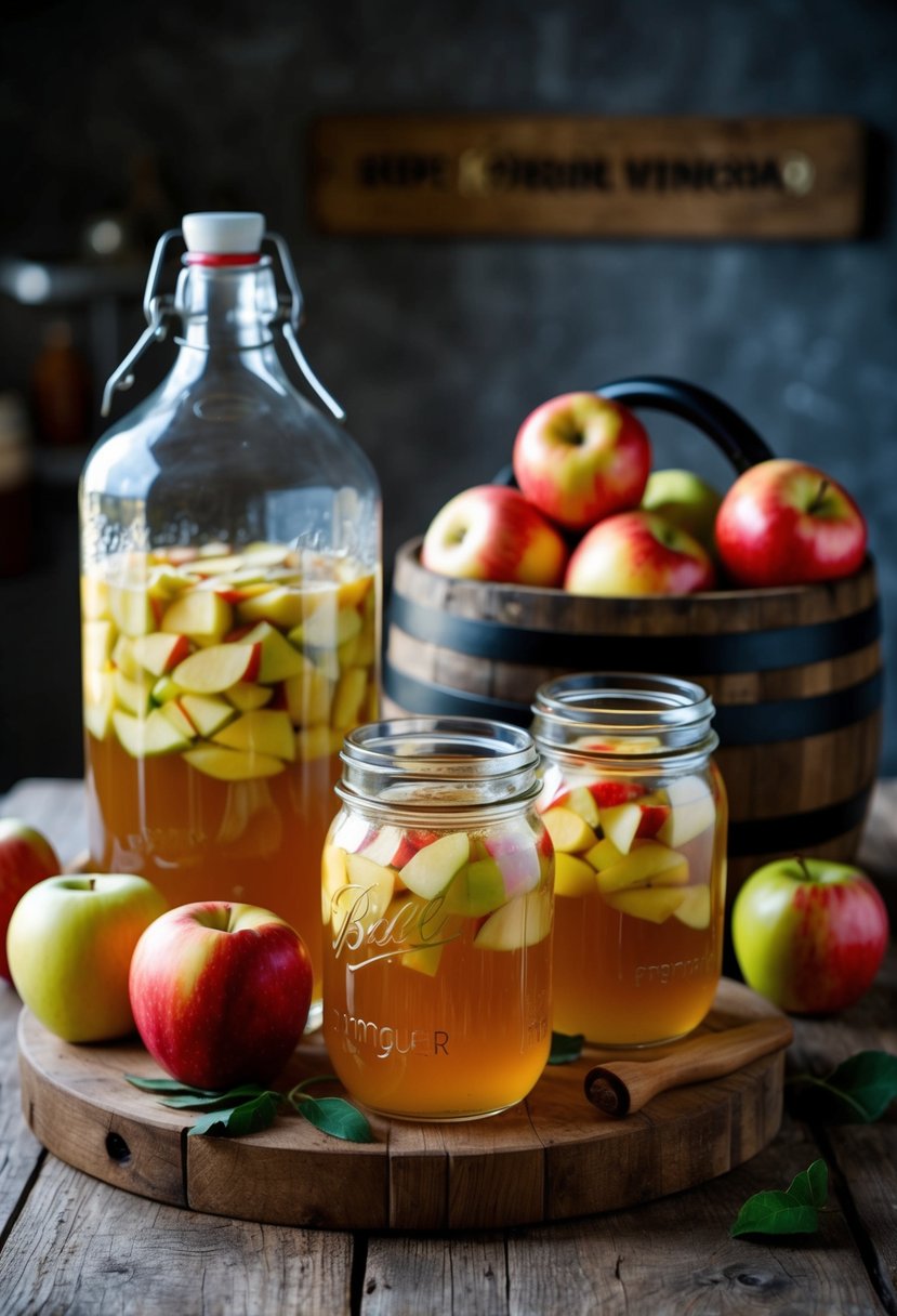 A rustic kitchen with glass jars filled with fermenting apple cider vinegar, surrounded by fresh apples and a wooden barrel