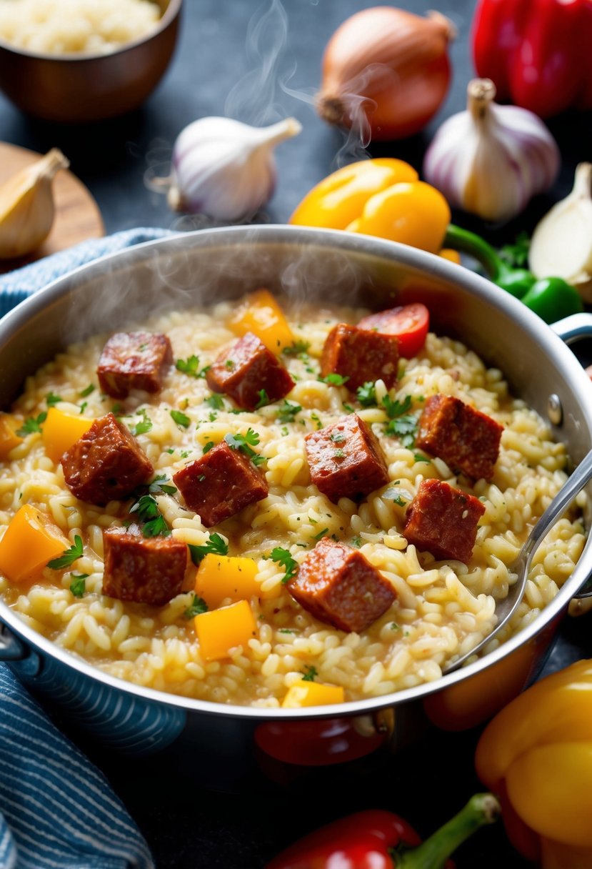 A steaming pot of creamy risotto with chunks of Portuguese chorizo mixed in, surrounded by colorful ingredients like onions, garlic, and bell peppers