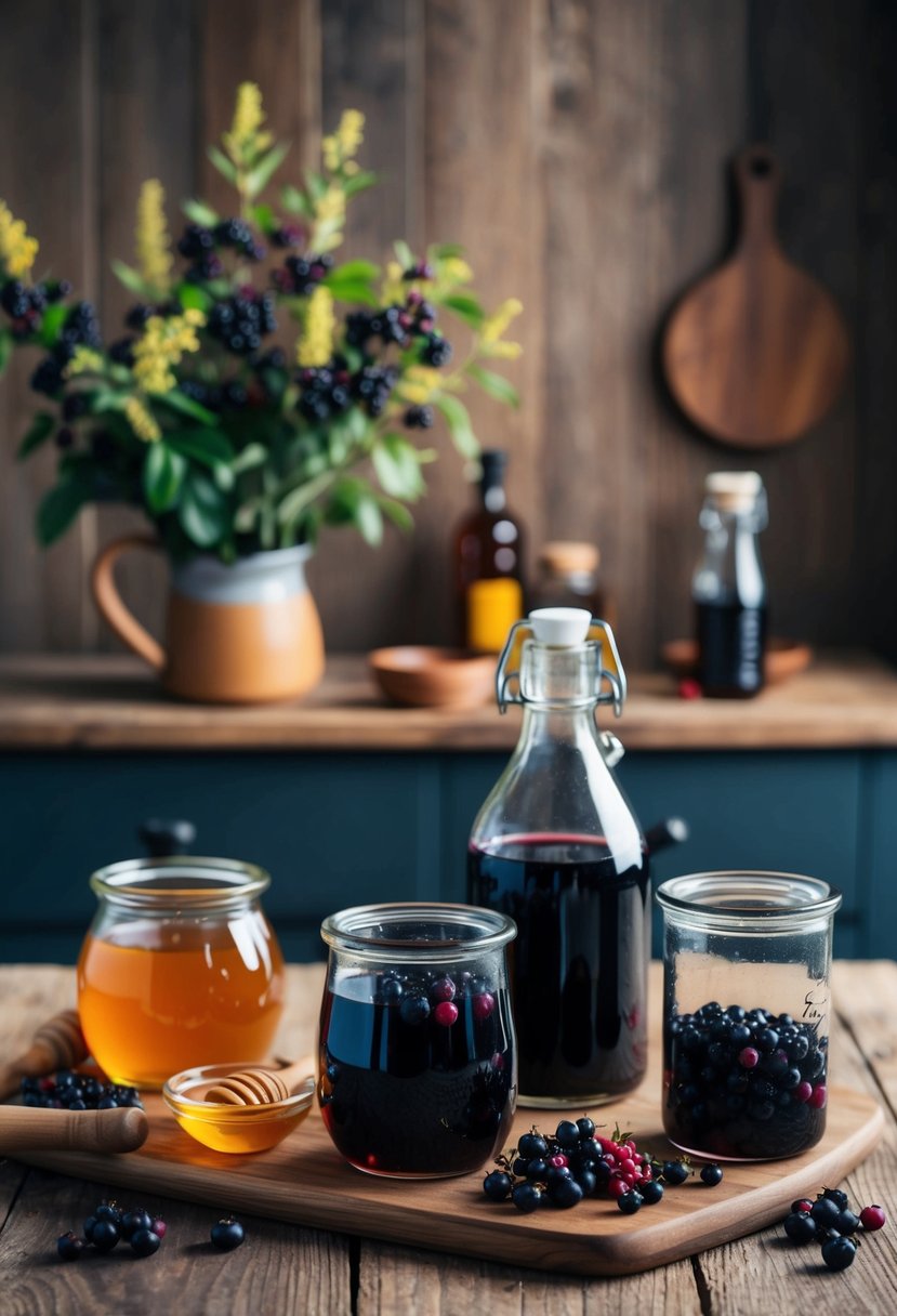 A rustic kitchen with fresh elderberries, honey, and spices on a wooden table, surrounded by jars and bottles for homemade elderberry syrup