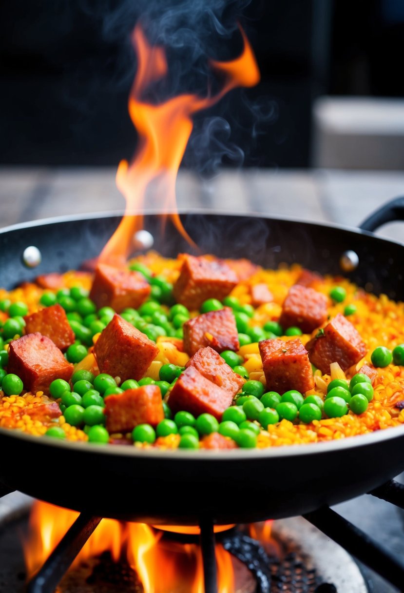 A sizzling pan of paella with chunks of Portuguese chorizo and vibrant green peas cooking over an open flame