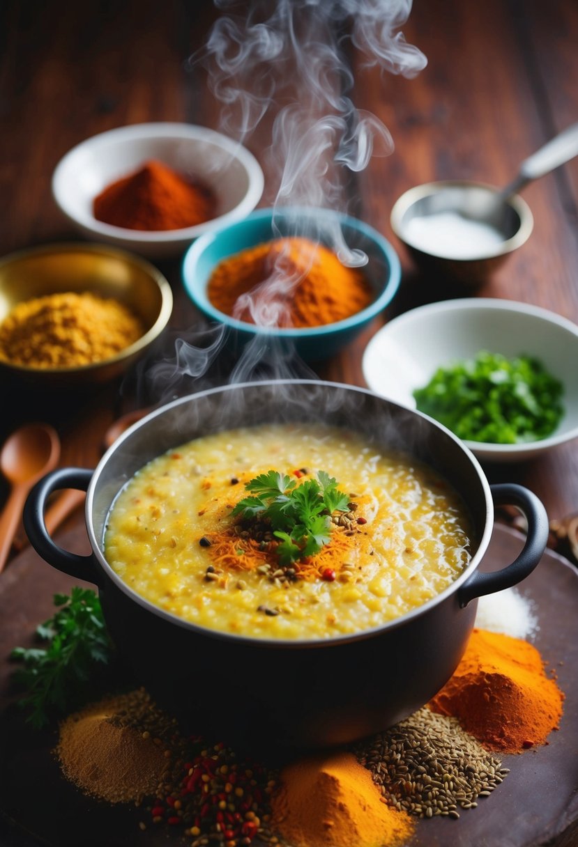 A steaming pot of Indian porridge surrounded by colorful spices and ingredients