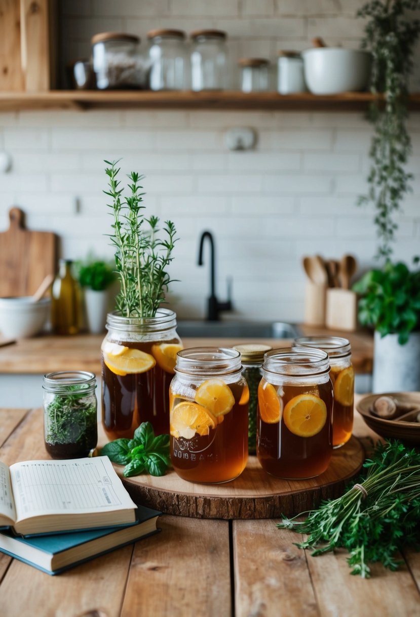 A rustic kitchen counter with jars of fermenting kombucha, surrounded by fresh herbs and homemade recipe books