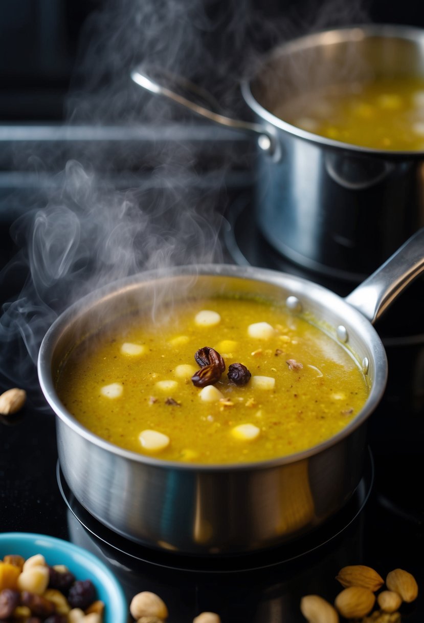 A steaming pot of kheer simmering on a stovetop, surrounded by aromatic spices and a scattering of nuts and raisins