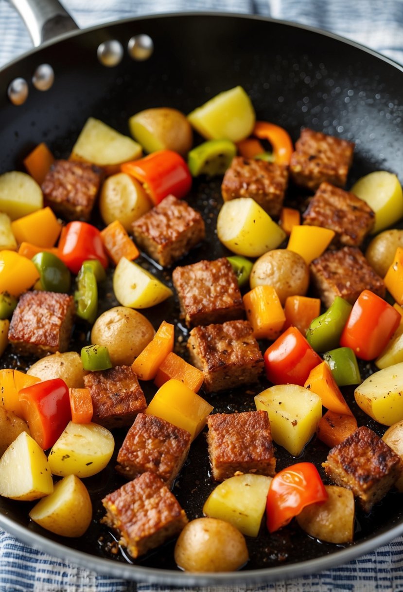 A sizzling skillet holds a hearty breakfast hash with chunks of savory Portuguese chorizo, potatoes, and colorful bell peppers