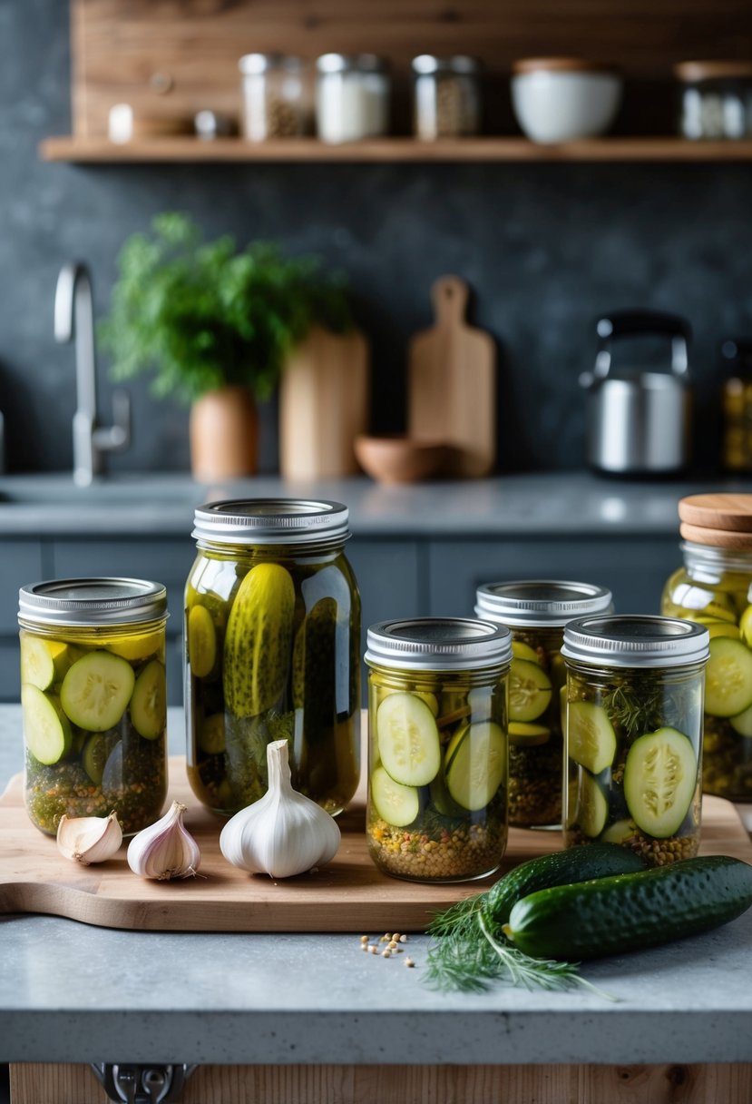 A rustic kitchen counter with jars of homemade fermented pickles and ingredients like cucumbers, dill, garlic, and spices