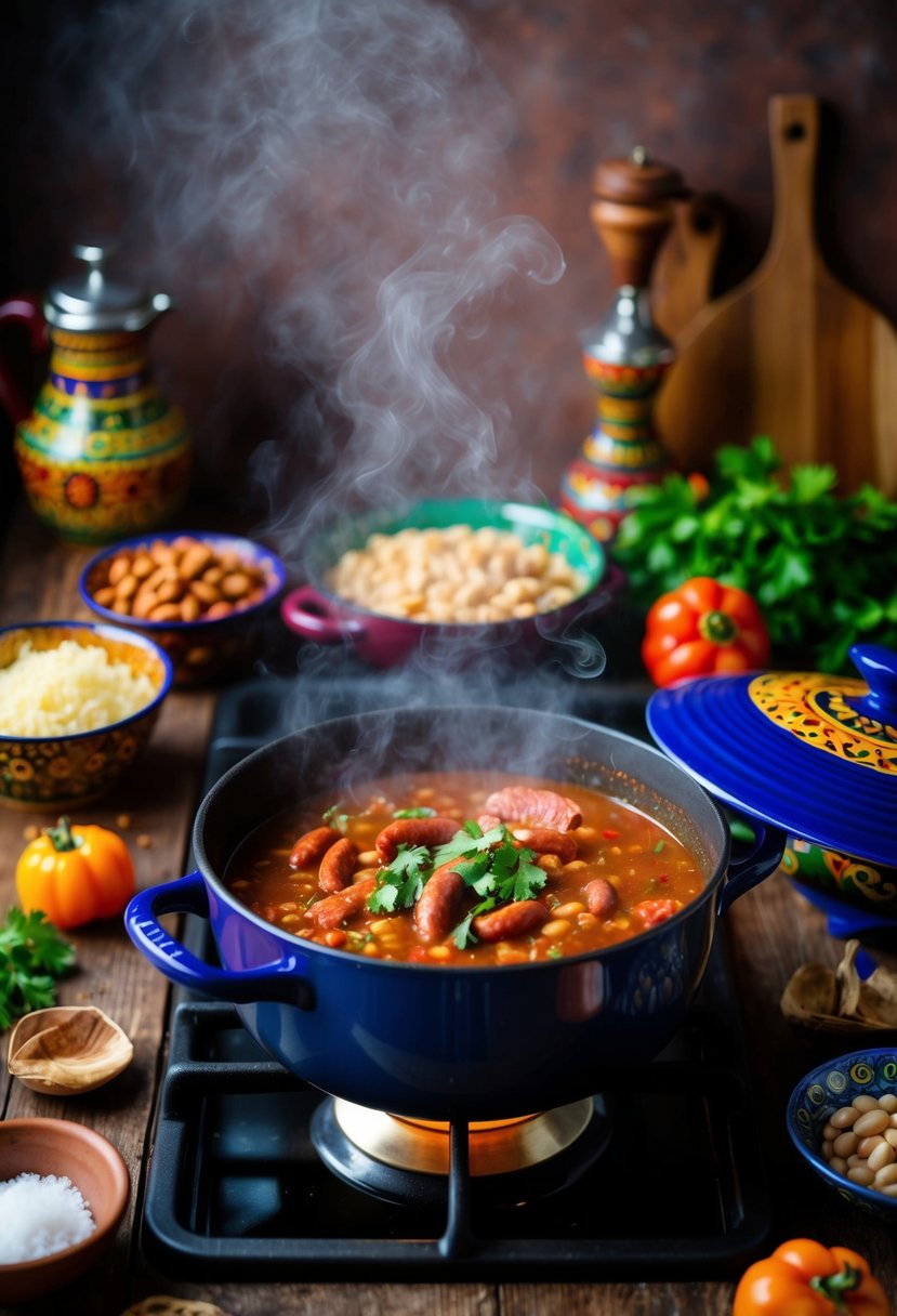 A steaming pot of spicy chorizo and bean soup simmers on a rustic stove, surrounded by colorful ingredients and traditional Portuguese cookware