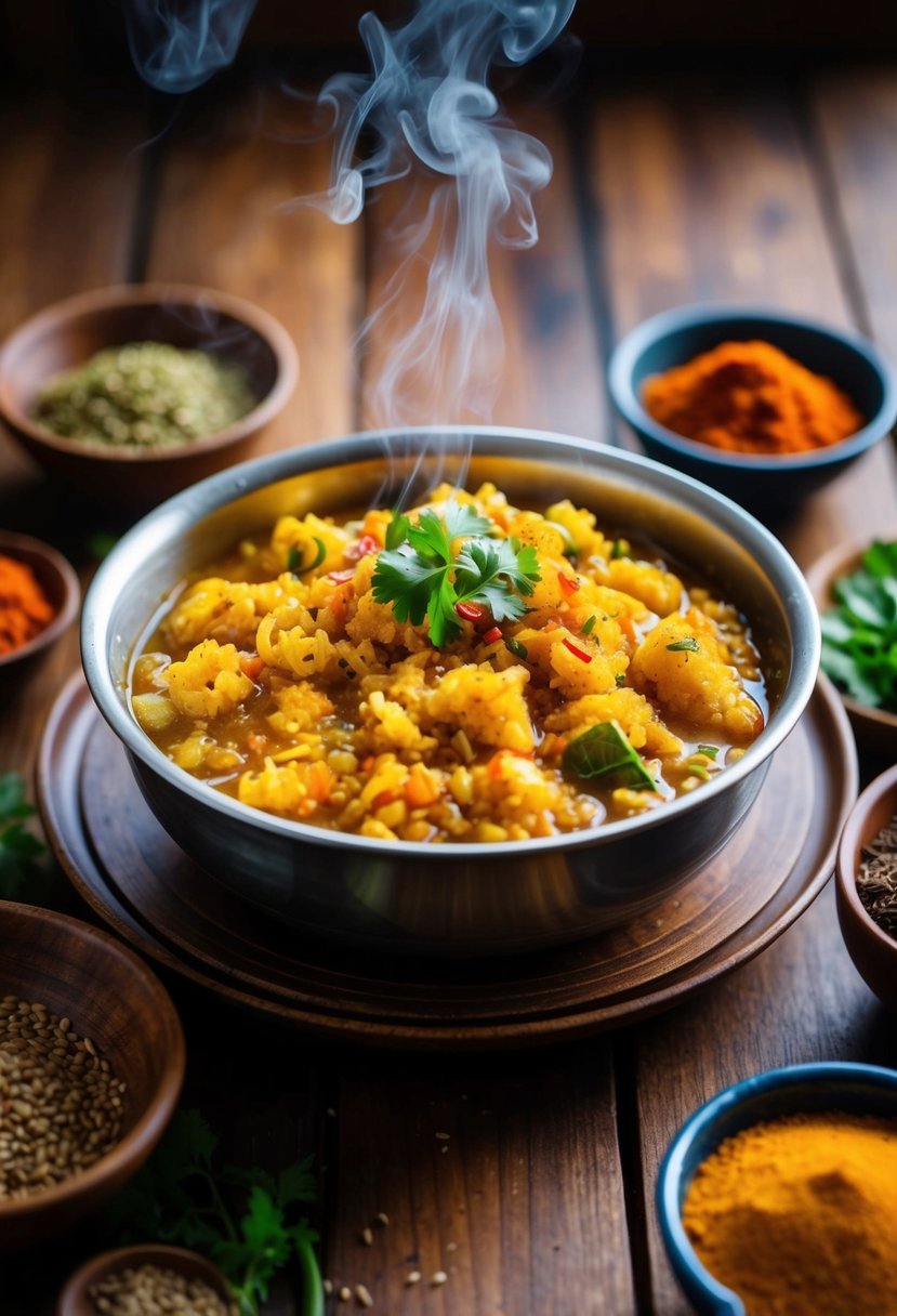 A steaming bowl of Upma sits on a wooden table, surrounded by colorful spices and fresh ingredients