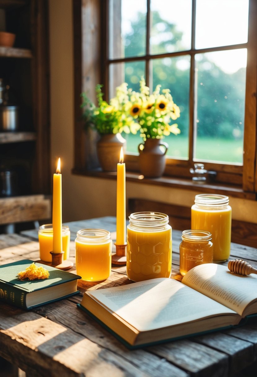 A rustic wooden table with beeswax candles, honey jars, and recipe books. Sunlight streams through a window onto the cozy homestead scene