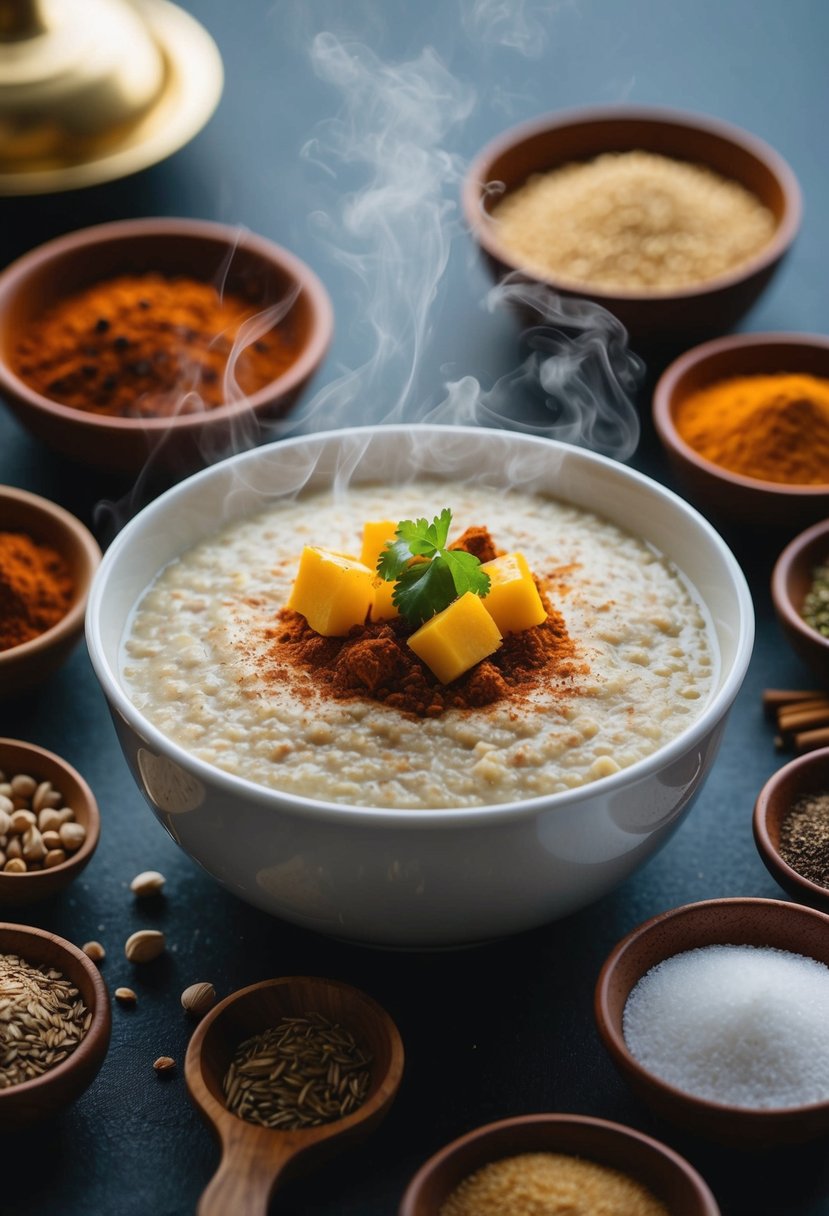 A steaming bowl of Ragi porridge surrounded by traditional Indian spices and ingredients