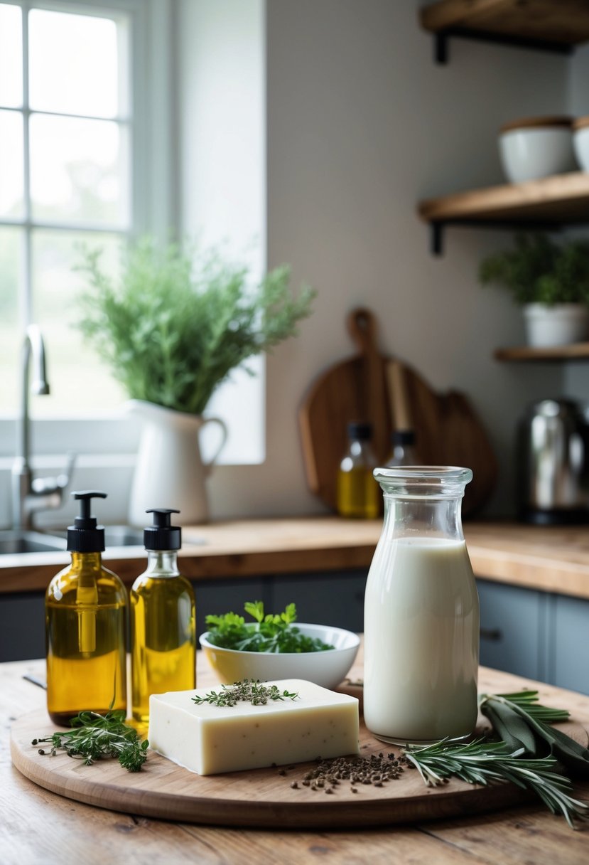 A rustic kitchen counter with fresh goat milk, herbs, and oils set out for making homemade soap