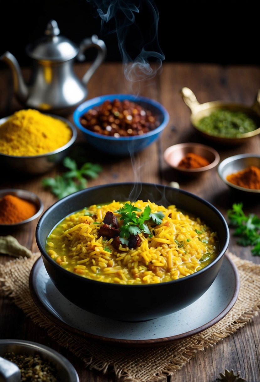 A steaming bowl of Bajra Khichdi sits on a rustic wooden table, surrounded by traditional Indian spices and herbs