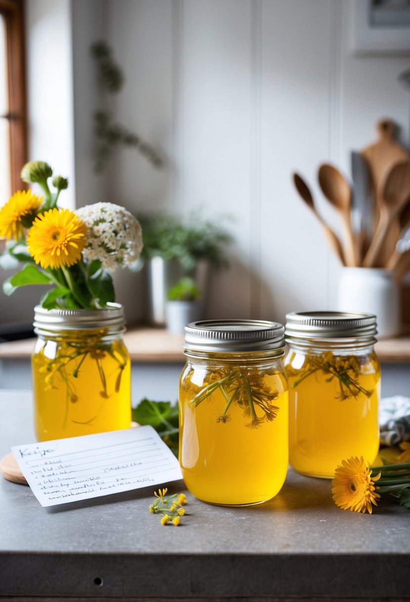 A rustic kitchen counter with jars of golden dandelion jelly, fresh flowers, and handwritten recipe cards