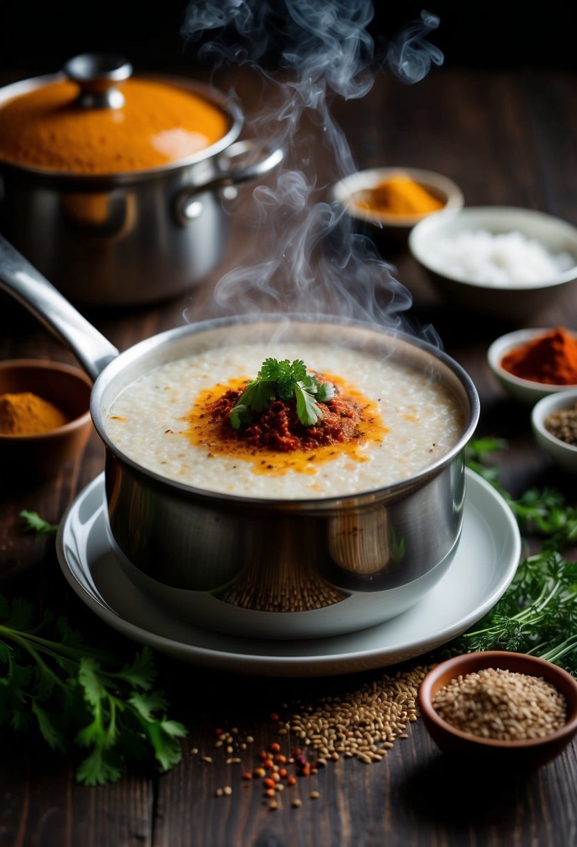 A steaming pot of Indian porridge surrounded by spices and herbs