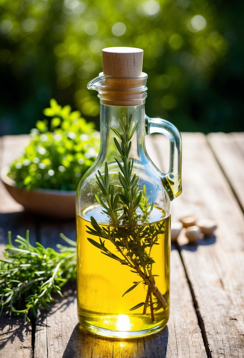 A glass bottle filled with olive oil and sprigs of fresh herbs infusing in the sunlight on a rustic wooden table