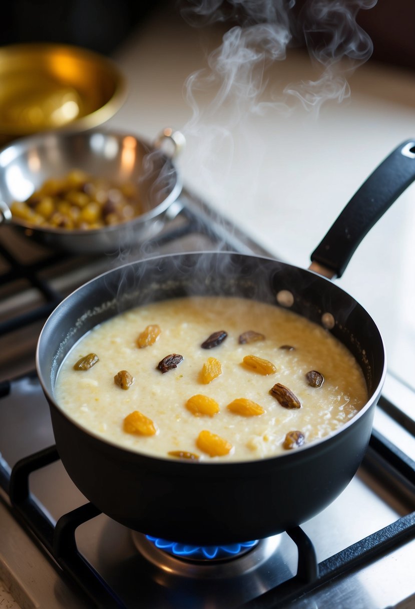 A steaming pot of Paal Payasam simmering on a stovetop, with cardamom pods and golden raisins floating in the creamy, sweet porridge