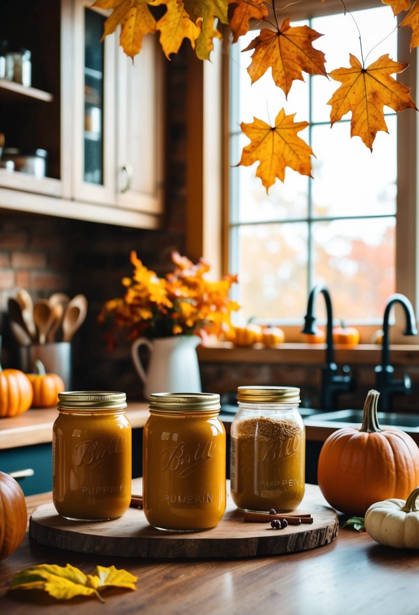 A rustic kitchen counter with jars of pumpkin spice puree and ingredients, surrounded by autumn leaves and a warm, cozy ambiance