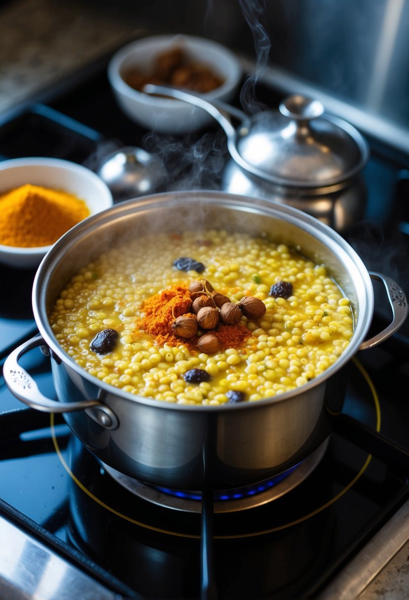 A steaming pot of sabudana kheer simmering on a stovetop, with whole spices and saffron garnish