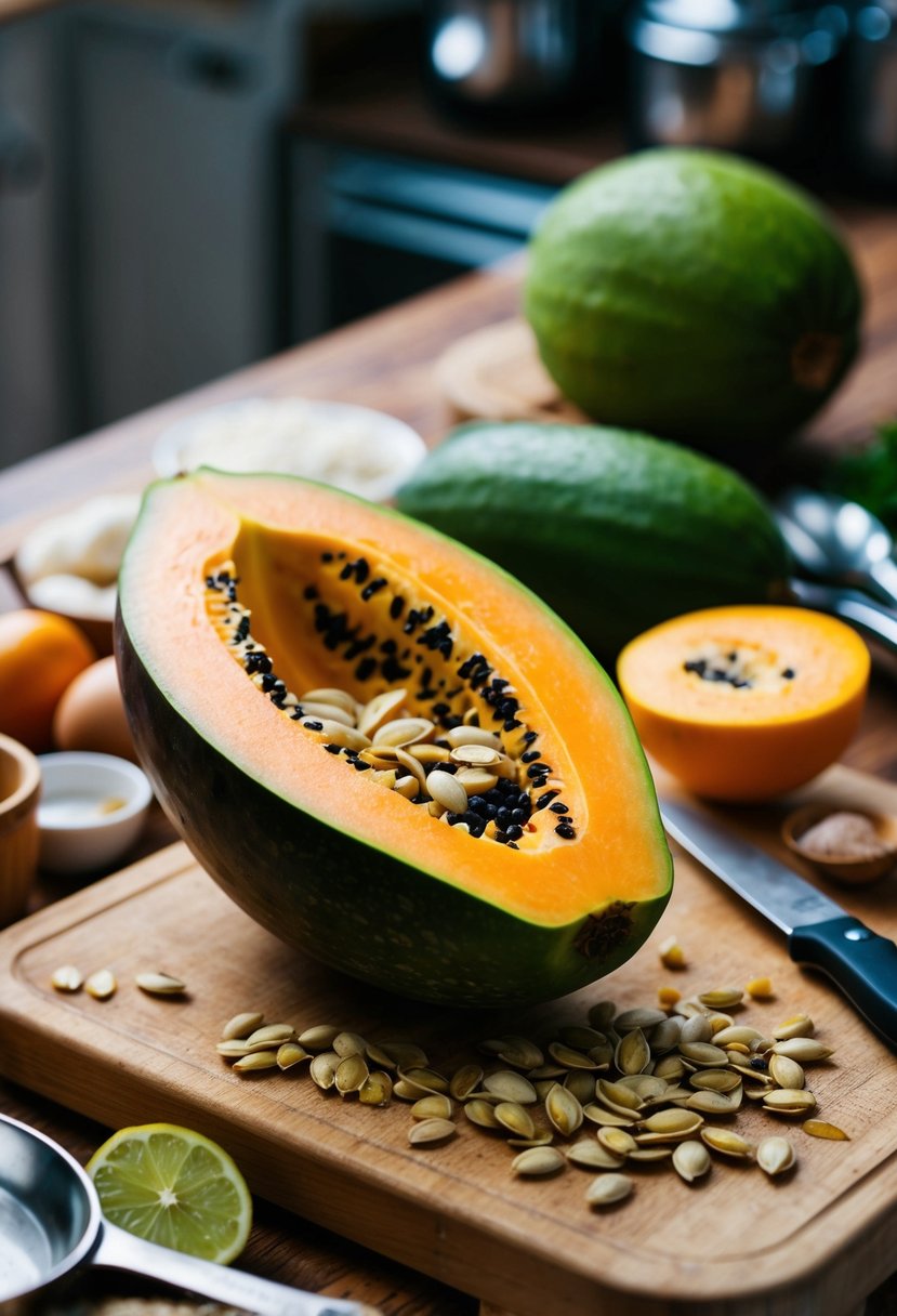 A papaya being sliced open with seeds spilling out onto a cutting board, surrounded by various ingredients and kitchen utensils