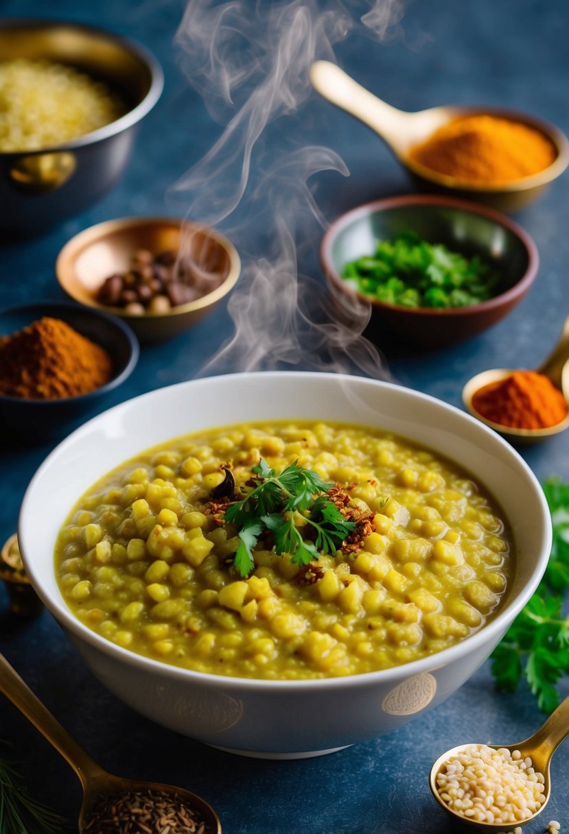 A steaming bowl of moong dal porridge surrounded by traditional Indian spices and herbs